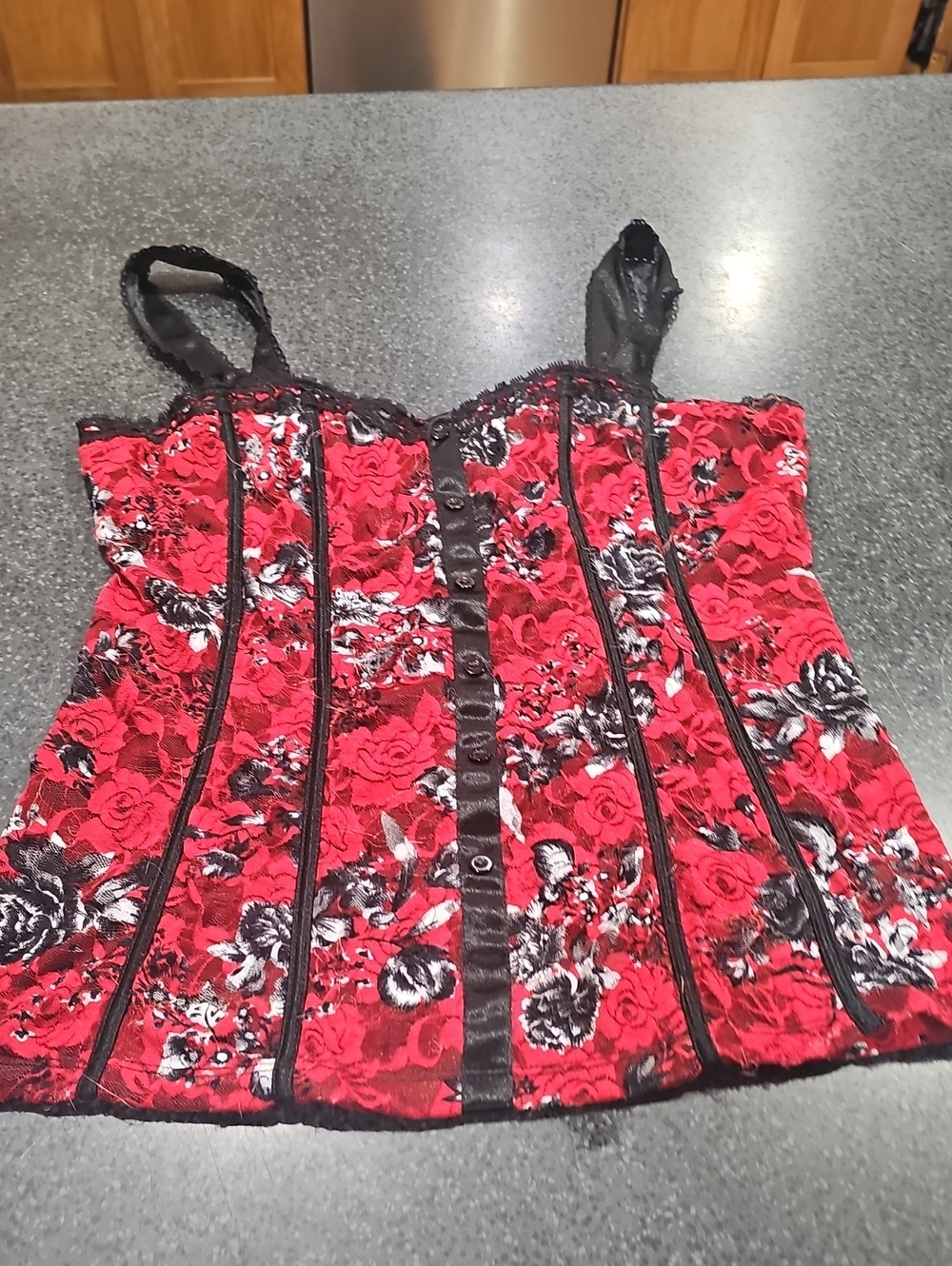 Red Floral Lace Corset-Style Camisole with Black Trim